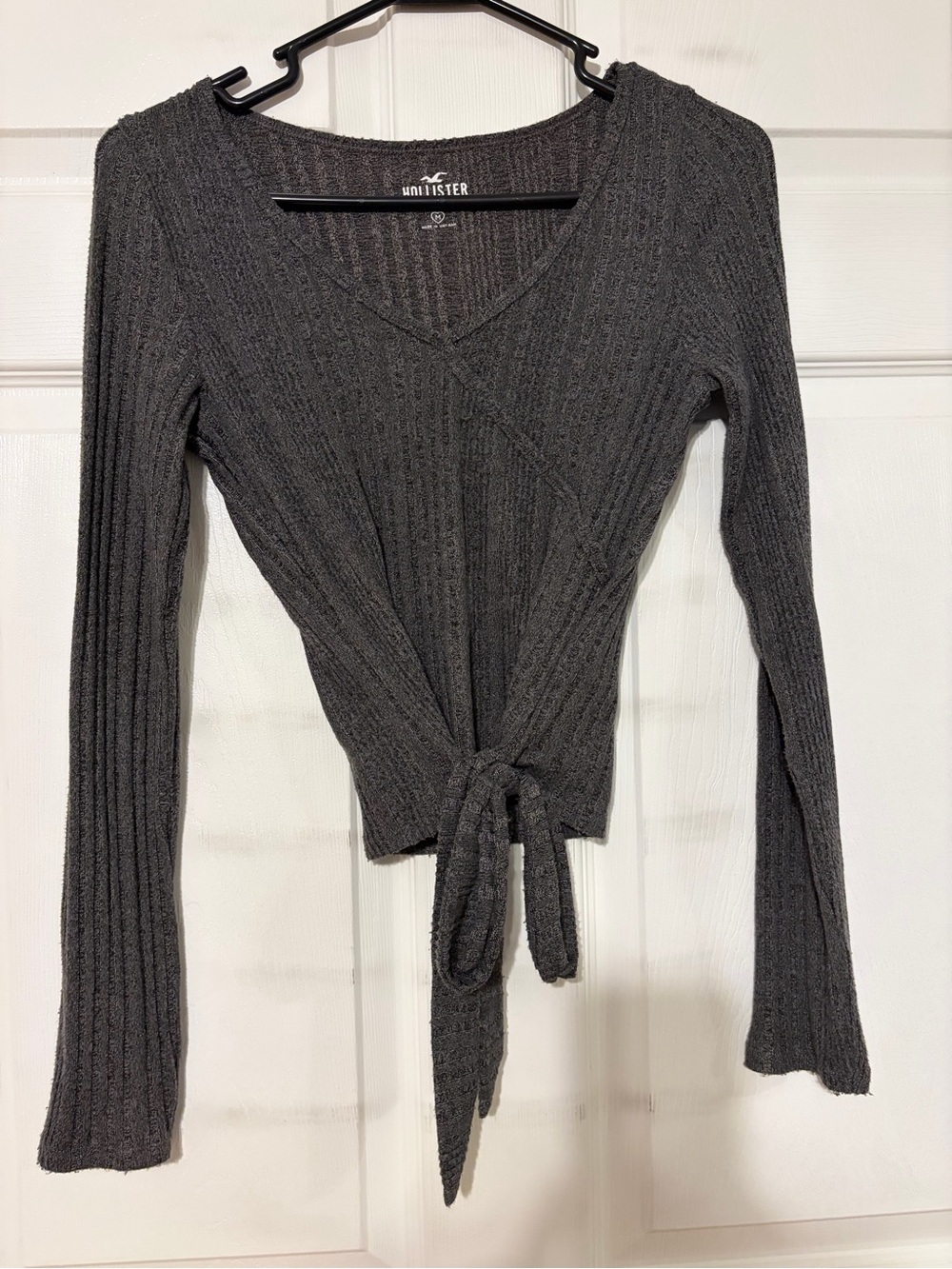 Ribbed Tie-Front V-Neck Sweater Top